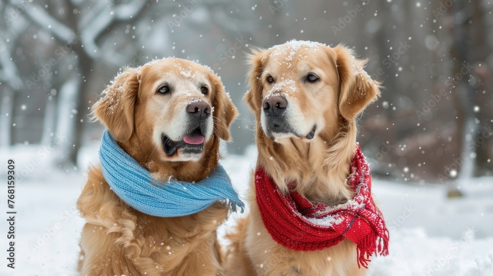 Golden retriever dogs wearing scarf sitting on winter snow park. AI generated image