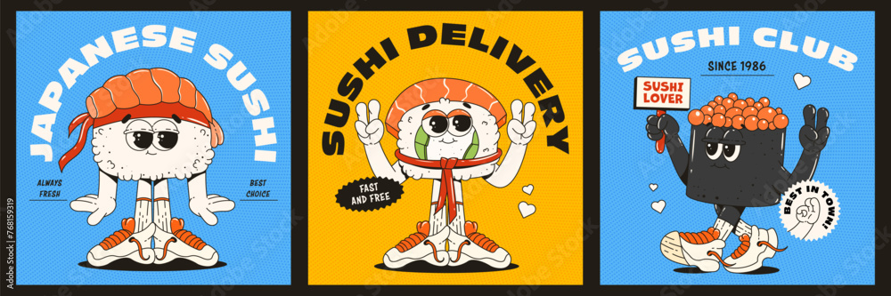 Posters with cool sushi and roll characters. Trendy retro groovy style. Sushi deliver. Bar, restaurant mascots. - obrazy, fototapety, plakaty 