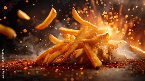 French fries with spices in the air. Cinema effect. Isolated on black background