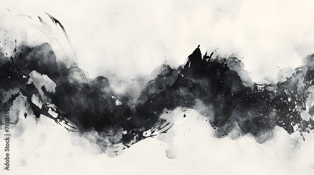 Black ink wash painting of a landscape with Japanese oriental style.