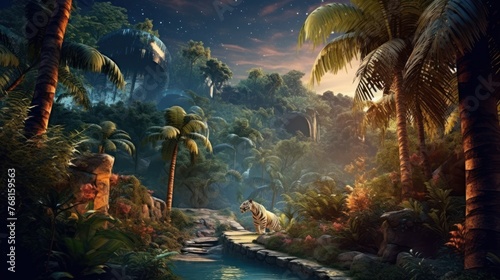 Fantasy tiger walking in jungles with palm trees on fabulous magical night sky background with crescent moon  shining stars and clouds