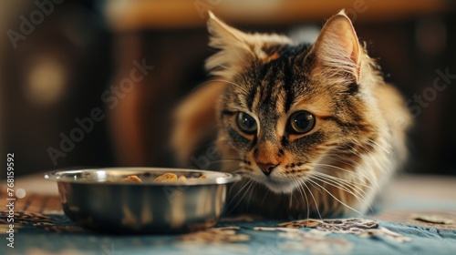A fluffy cat sits next to a plate of food and looks at it longingly.