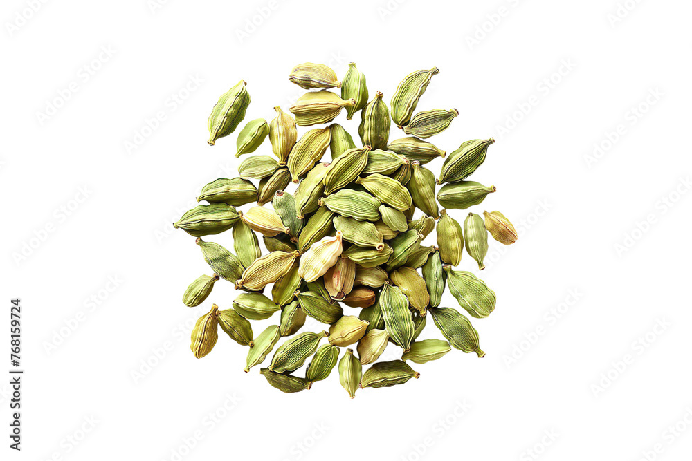 Whole and chopped cardamom pods on a white background Whole and chopped cardamom pods on a white background