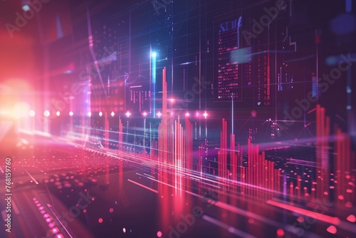 Illustration of a chart showing business data graph diagram and growth financial graphic report information, set against a futuristic finance backdrop.