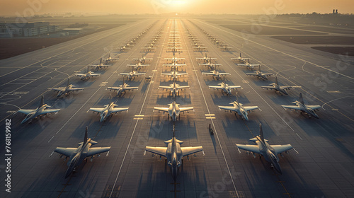 An expansive military airfield viewed from above, rows of sleek fighter planes aligned neatly on the tarmac, ready for immediate takeoff. photo