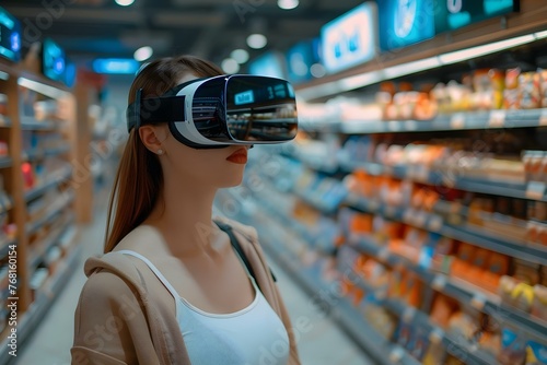 Exploring the Future of Shopping: Woman in VR Glasses at a Supermarket. Concept Future of Shopping, Virtual Reality, Technology, Supermarket Experience © Anastasiia