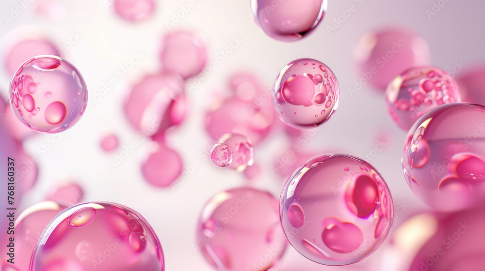 Pink and white abstract background with floating or flying glass spheres Pink and white abstract background with floating or flying glass spheres