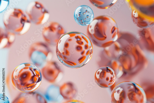 Abstract background with floating or flying multicolor glass spheres