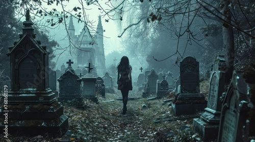 A woman in a black dress stands in a foggy cemetery with many graves and old tombs.
