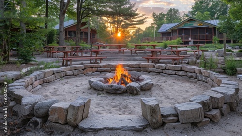 Fototapeta Naklejka Na Ścianę i Meble -  A fire pit surrounded by benches with picnic tables in the background