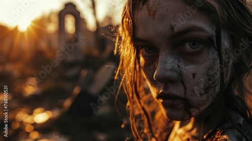 A woman with zombie makeup stands in a cemetery against the backdrop of the setting sun.