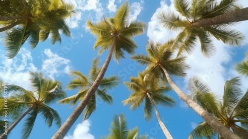 Fruitful coconut trees seen from below against the background of the sky  AI generated