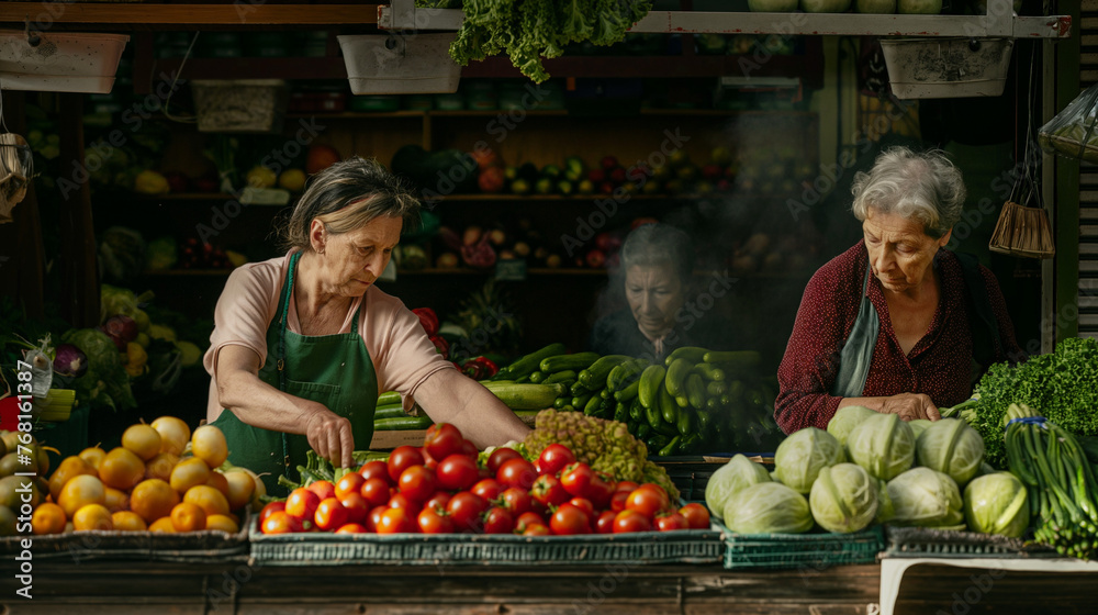 At a bustling farmers' market, a lively scene unfolds at a bustling vegetable stand, where two women work diligently side by side, one adorned in a green apron.