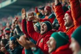 Excited Crowd Raises Hands in Stadium, Vibrant and energetic rugby fans in the stand cheering for their teams, AI Generated