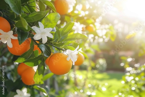 Photo of an Orange Tree With Hanging Oranges and White Flowers on a Sunny Day photo