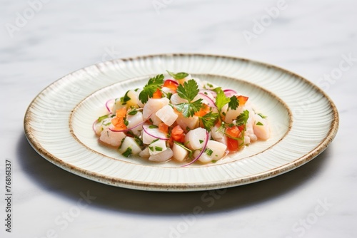 Tasty ceviche on a palm leaf plate against a white marble background