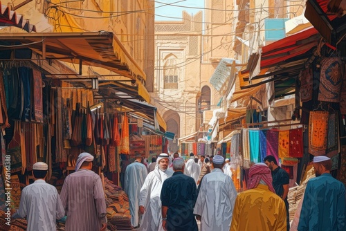 A group of men walking together down a bustling street lined with various shops and stores, Vibrant colors of a bustling Islamic Souk (marketplace), AI Generated © Iftikhar alam