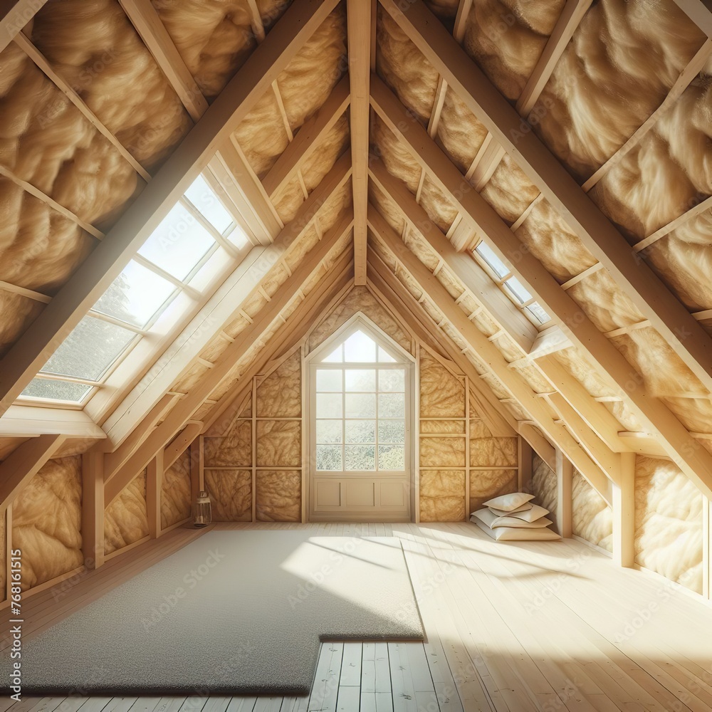 Thermal Safe Attic. Creative concept for insulating the roof of a wooden country house. Protecting Home with Insulation and Eco Friendly Materials, mineral wool floor insulation.