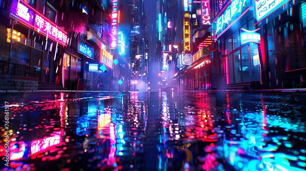 Photorealistic 3D illustration depicting a futuristic cityscape in cyberpunk style on a rainy night, featuring an empty street with neon lights reflecting on the wet pavement.