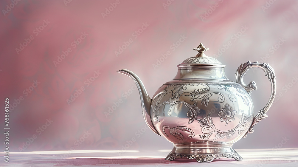 Silver A classic silver teapot with intricate engravings, levitating at a jaunty angle against a light pink background Studio lighting reflects off the teapot's polished surface Silver A classic silver teapot with intricate engravings, levitating at a jaunty angle against a light pink background Studio lighting reflects off the teapot's polished surface