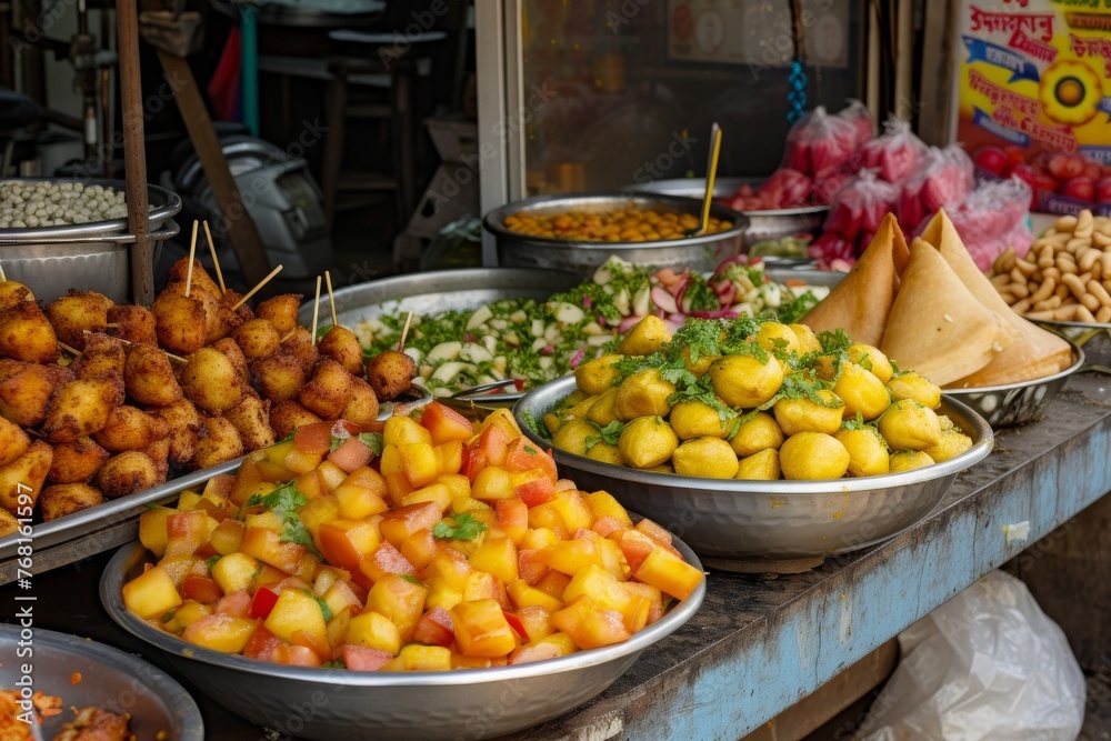 A Variety of Food Arranged on a Table, Vibrant street food scene from an Indian market, with chaat and samosas, AI Generated