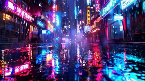 Photorealistic 3D illustration depicting a futuristic cityscape in cyberpunk style on a rainy night  featuring an empty street with neon lights reflecting on the wet pavement.