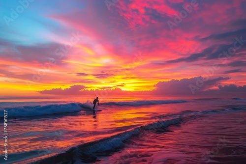 Person Standing on Surfboard in Ocean at Sunset, Vibrant, multicolored sunset over the ocean with a surfer riding towards shore, AI Generated © Iftikhar alam