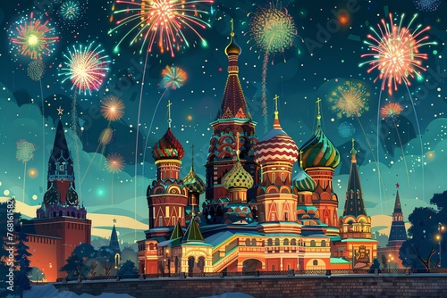 a building with colorful domes and fireworks in the sky