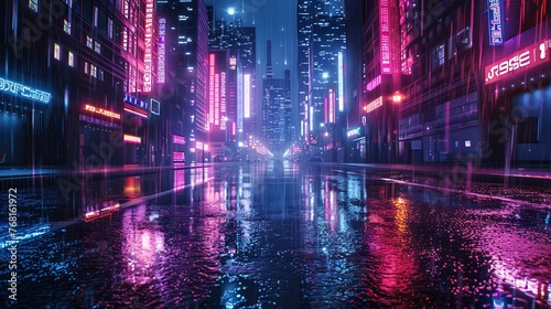 Photorealistic 3D illustration depicting a futuristic cityscape in cyberpunk style on a rainy night  featuring an empty street with neon lights reflecting on the wet pavement.