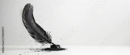 Feather A quill pen with a black feather and an inkwell with a splash of ink, levitating in mid air against a stark white background 