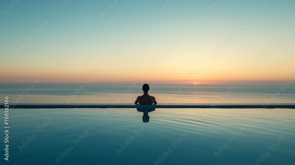 Bathed in the soft light of dawn, a person finds serenity and stillness while meditating in an infinity pool at a luxury retreat.