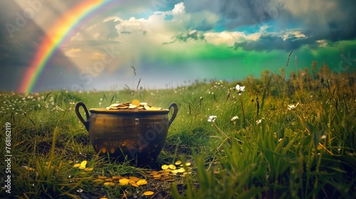 A pot of gold on a green meadow with a rainbow in the background