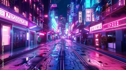 Photorealistic 3D illustration of a futuristic city in cyberpunk style, featuring an empty street adorned with neon lights and showcasing a grunge urban landscape.