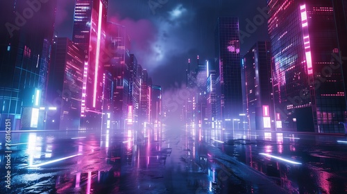 Photorealistic 3D illustration of a futuristic city in cyberpunk style, featuring an empty street adorned with neon lights and showcasing a grunge urban landscape.