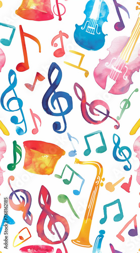 A pattern of musical notes and instruments in vibrant watercolor strokes, with a white background. The design includes various colors like pink, blue, yellow, orange, purple, green, and red, creating 