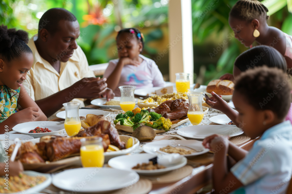A family gathers around a table, hands clasped in unity, before digging into a delicious feast A family gathers around a table, hands clasped in unity, before digging into a delicious feast