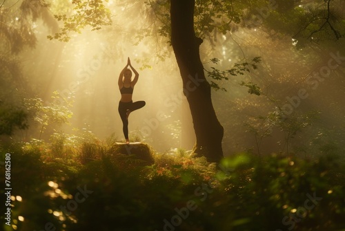 A person doing yoga exercises in the midst of a dense forest, surrounded by tall trees and green foliage, Yoga session in a mystical forest with a soft morning light, AI Generated © Iftikhar alam