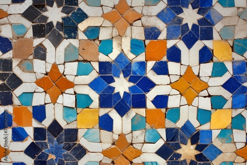 Close Up of a Colorful Tile Wall, Zoomed-in shot of a traditional Islamic pattern on ceramic tiles, AI Generated