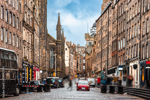 The cobbled street of Lawnmarket between old buildings along the Royal Mile in Edinburgh Old Town, Scotland
