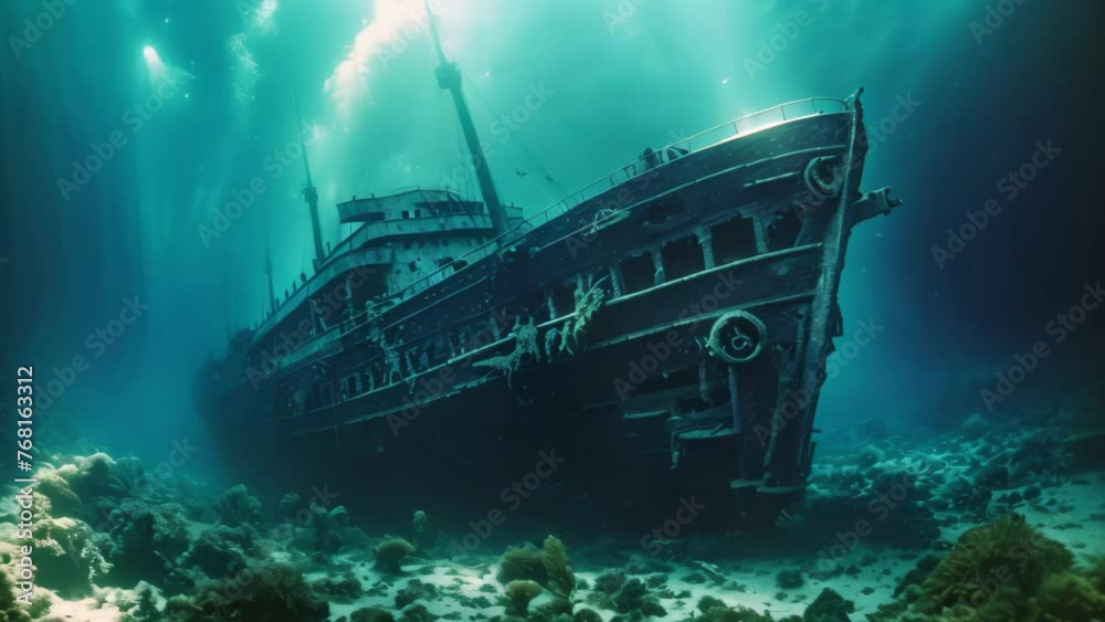A view of the wreck of a sunken ship in the Red Sea, Titanic shipwreck lying silently on the ocean floor. The image showcases the immense scale of the shipwreck, AI Generated A view of the wreck of a sunken ship in the Red Sea, Titanic shipwreck lying silently on the ocean floor. The image showcases the immense scale of the shipwreck, AI Generated