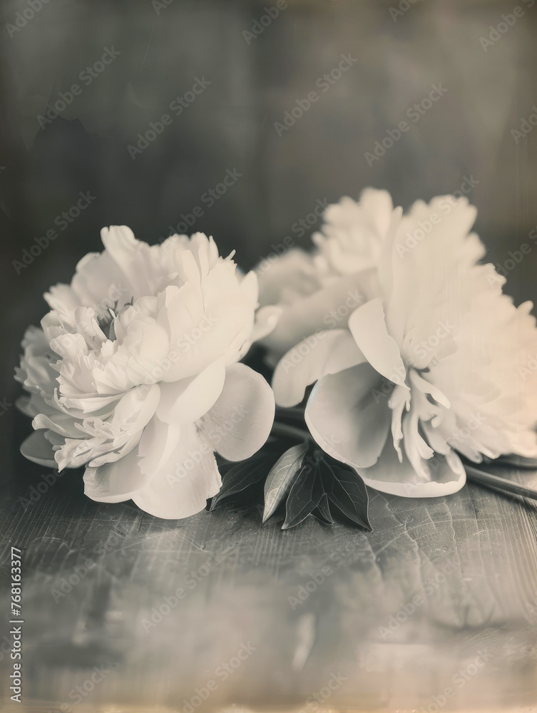 Peony white flowers are lying on table. Delicate fresh flowers, spring harmony. Black and white retro photography. Pinhole photography. Side lighting with shadows. Copy space.