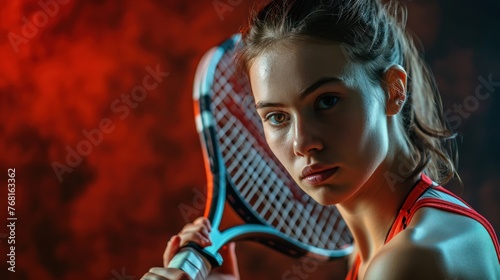 A female tennis player holding a racket, wearing a red tank top, with a serious expression and a dark red background.