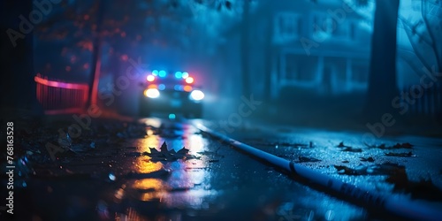 CSI team investigates murder at a crime scene with a blurred police car outside a haunted house. Concept CSI Investigation, Murder Scene, Blurred Police Car, Haunted House, Crime Scene Analysis photo