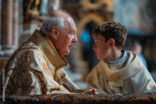 Elderly Clergyman Conversing With Young Altar Boy in Ornate Church