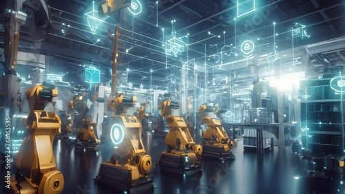 Smart industry 4.0 concept - Smart factory for fourth industrial revolution with icon graphic showing automation system by using robots and automated machinery controlled via internet, AI Generated photo