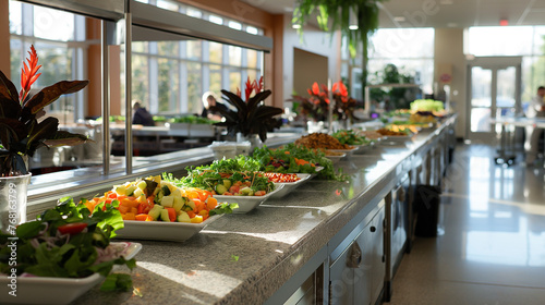 A well-appointed cafeteria embodies a commitment to nutritional education and healthy living, featuring an enticing array of fresh salads.