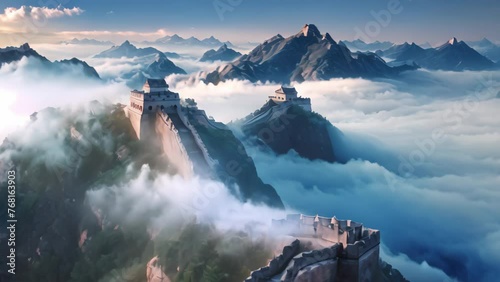 The Great Wall of China at sunrise,panoramic view, The Great Wall of China in the mist , lying long, surrealist view from drone photography, 8k , AI Generated photo