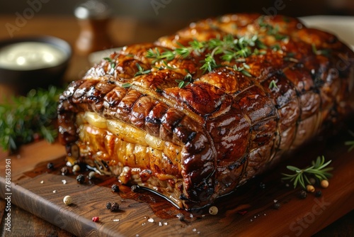 A succulent cut of roasted pork belly is garnished with rosemary and black peppercorns on a wooden board photo