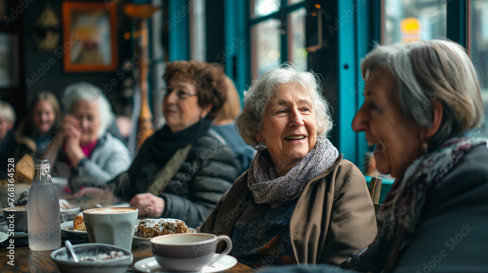 Group of senior women enjoying each other's company at a cozy cafe, laughter and lively conversation filling the air, steaming cups of coffee and plates of pastries on the table.