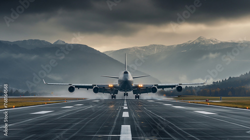  In a captivating scene from the front view, a state-of-the-art commercial jetliner descends gracefully onto the runway of the bustling airport.